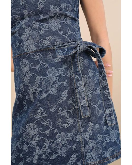 Lulus Blue Albena Dark Wash Floral Denim Sleeveless Mini Wrap Dress