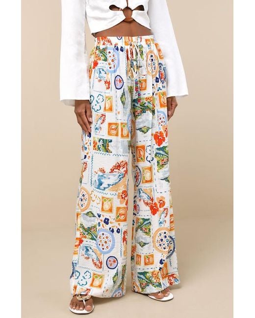 Lulus Natural Eydis Multi Print Wide-Leg Drawstring Pants