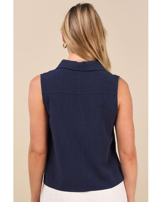Lulus Blue Casual Contentment Linen Button-Up Collared Tank Top