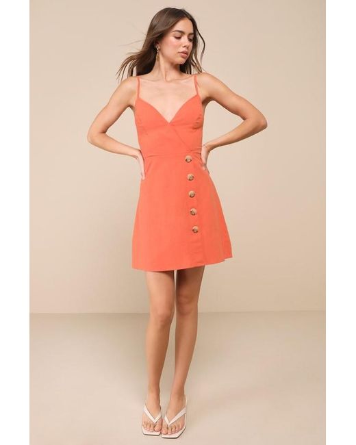 Lulus Orange Sweet Breeze Surplice Button-Front Mini Dress
