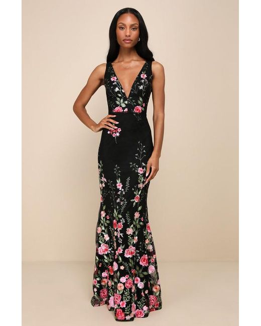 Lulus Black Soiree Blossom Floral Embroidered Mermaid Maxi Dress