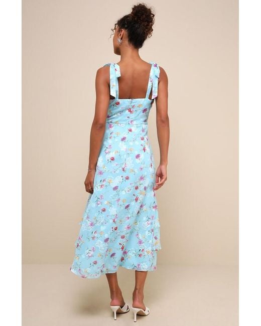 Lulus Blue So Elevated Floral Jacquard Tie-Strap High-Low Midi Dress