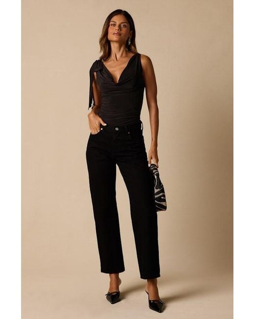 Lulus Black Nerida Slinky Knit Cowl Neck Bodysuit
