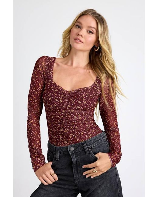 Lulus Red Adoring Desire Floral Print Mesh Ruched Bodysuit