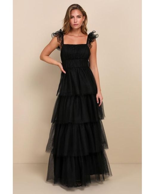 Lulus Black Tulle For Love Mesh Tulle Tiered Ruffled Maxi Dress