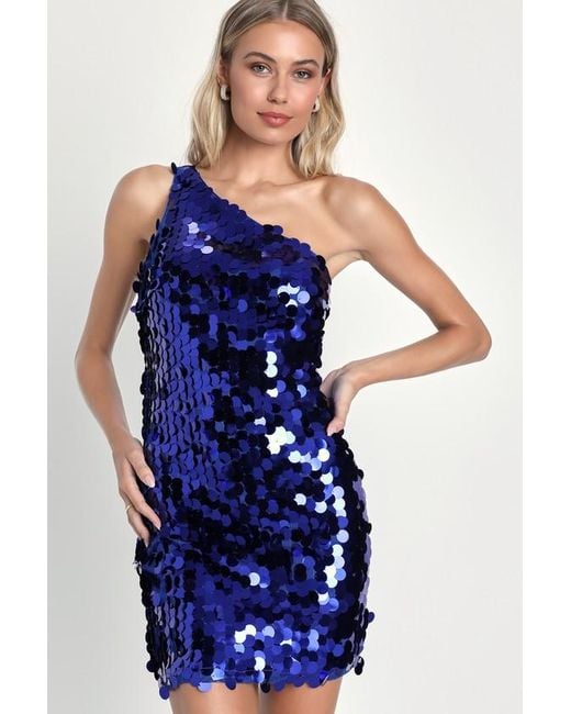 Lulus Blue Seize The Sparkle Dark Sequin One-Shoulder Mini Dress