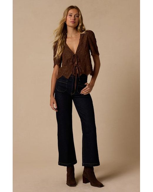Lulus Brown Vintage Aesthetic Embroidered Tie-Front Fringe Hem Top
