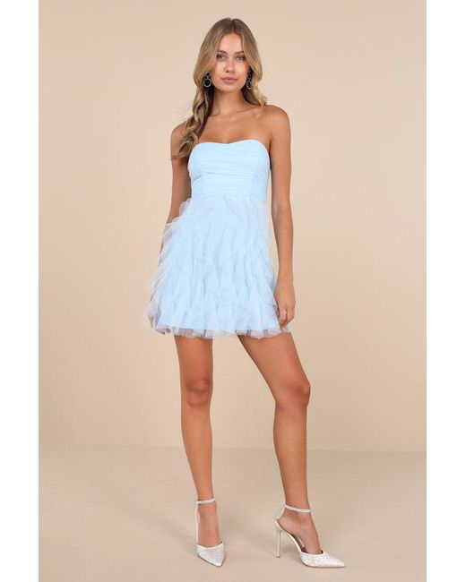 Lulus Red Delightful Beauty Mesh Strapless Ruffled Mini Dress