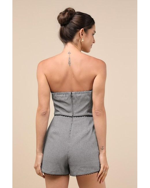 Lulus Gray Sophisticated Attitude Houndstooth Strapless Bustier Romper