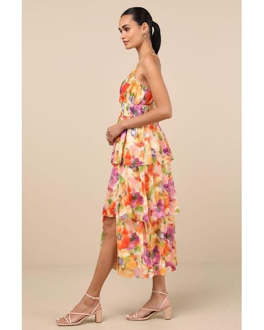 Lulus Orange Olesia Multi Abstract Floral Tiered Midi Dress