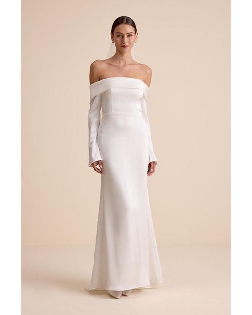 Lulus Natural Saintclair Satin Off-The-Shoulder Long Sleeve Maxi Dress