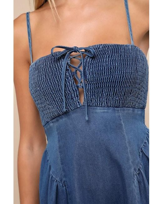 Lulus Laylie Medium Wash Denim Lace-Up Midi Dress in Blue | Lyst