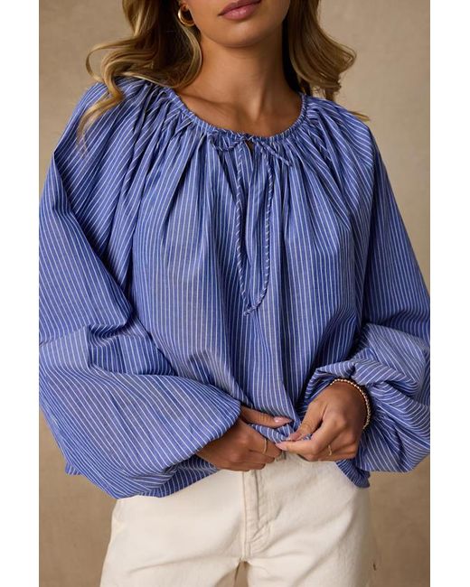 Lulus Blue Ricki Striped Cotton Billowy Sleeve Oversized Top