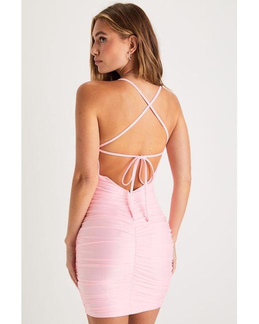 Lulus Confident Allure Ruched Lace-Up Bodycon Mini Dress in Pink | Lyst
