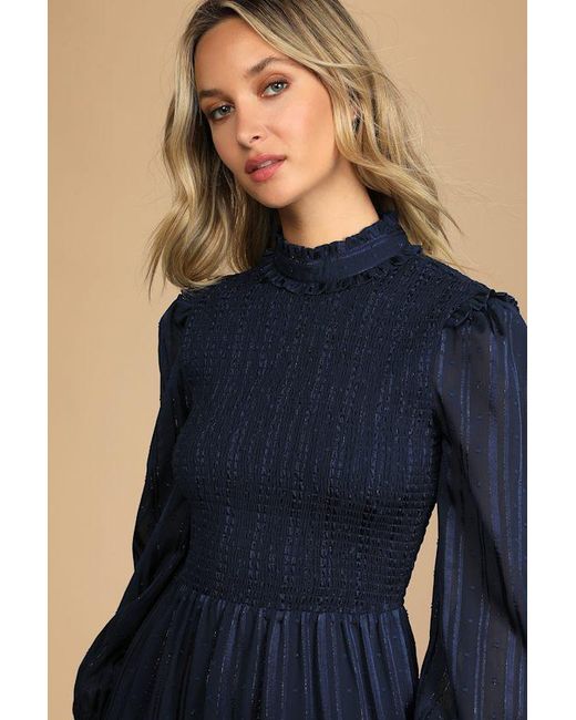 Lulus Blue Heartful Romance Striped Smocked Long Sleeve Mini Dress