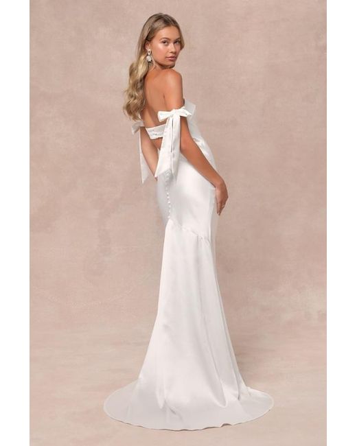 Lulus Natural Eternally Loved Cutout Satin Off-The-Shoulder Maxi Dress