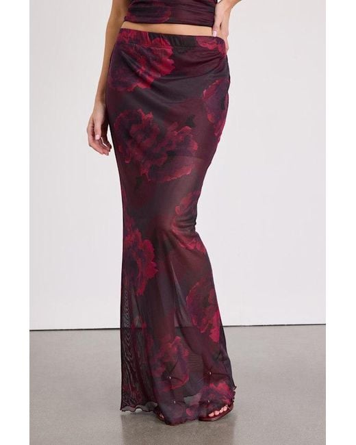 Lulus Red Camella Dark Plum Floral Mesh Maxi Skirt