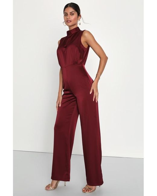 Lulus Red Classic Elegance Satin Sleeveless Mock Neck Jumpsuit