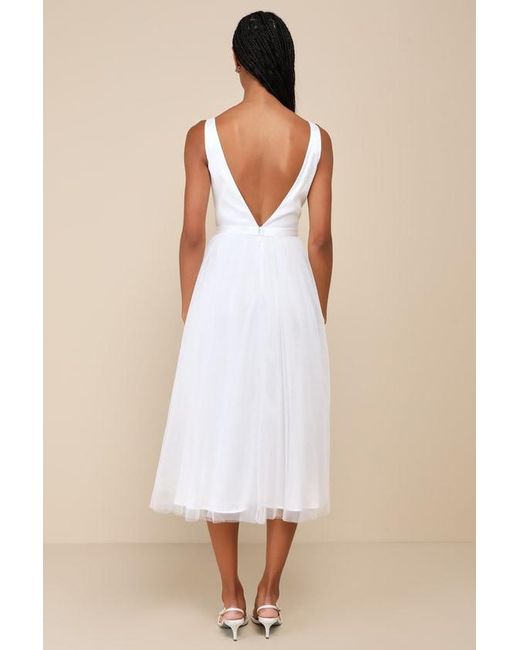 Lulus Natural Dreamy Presence Tulle Floral Applique Bow Midi Dress
