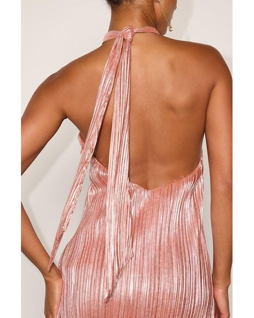 Lulus Pink Collins Lurex Plisse Halter Mini Dress