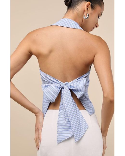 Lulus Blue Giosetta Pinstriped Button-Front Halter Top