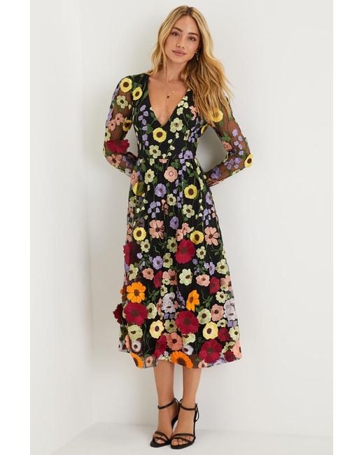 Lulus Black Impressive Blossom 3D Floral Embroidered Midi Dress