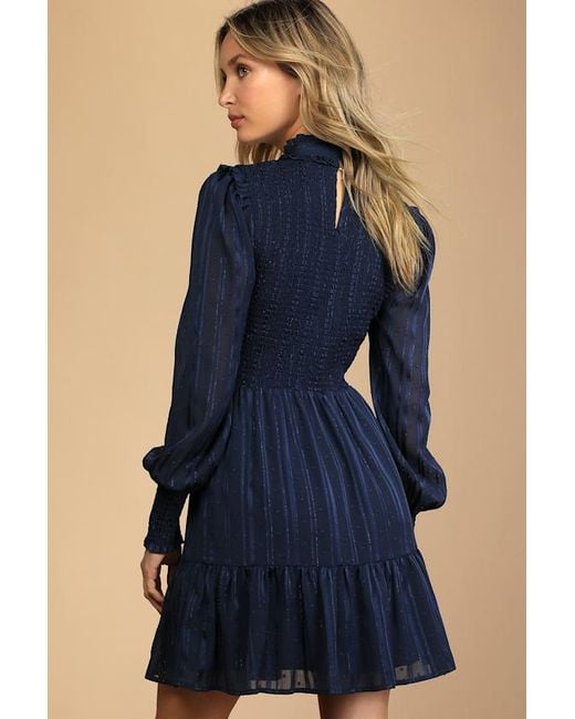 Lulus Blue Heartful Romance Striped Smocked Long Sleeve Mini Dress
