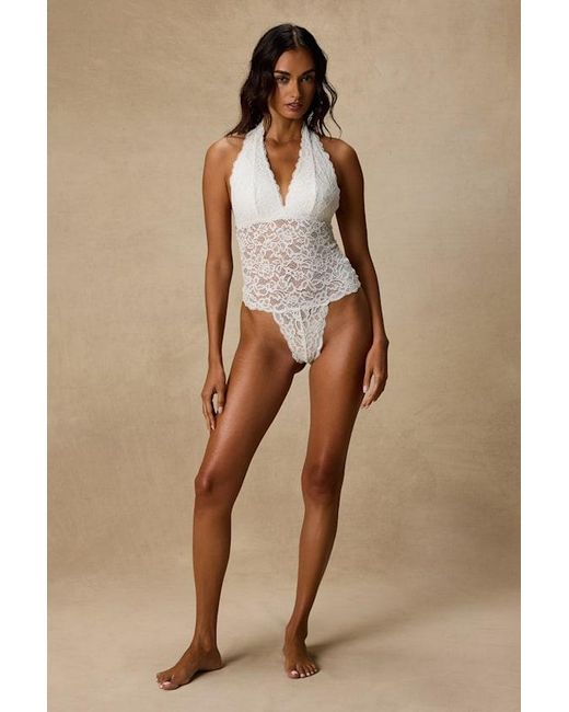 Lulus Brown Lara Sheer Lace Halter Bodysuit