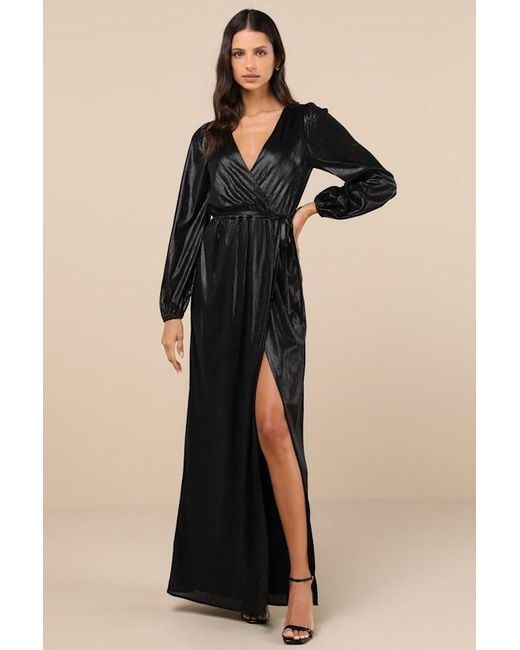 Lulus Natural Extra Aesthetic Shiny Long Sleeve Surplice Maxi Dress