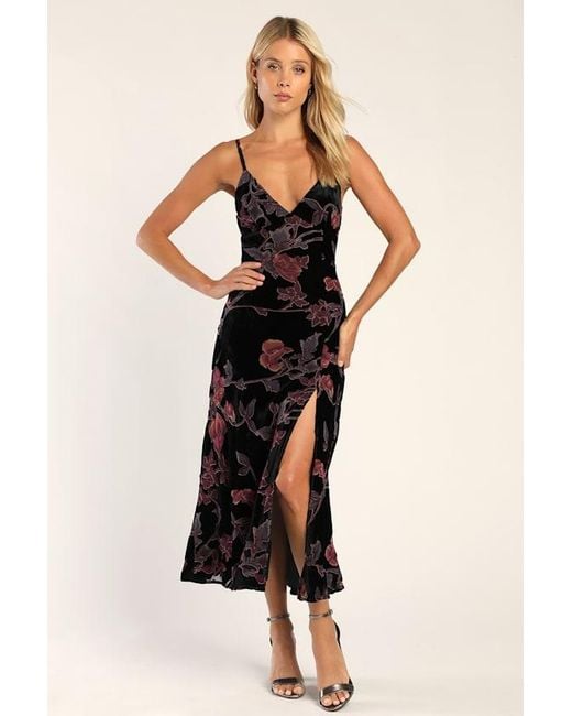 Lulus Black Divine Allure Floral Burnout Velvet Midi Dress