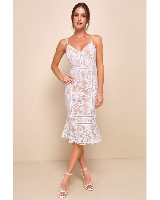 Lulus Natural Alluring Love And Lace Trumpet Hem Midi Dress