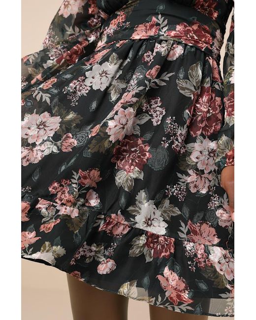 Lulus Black Truly Adorable Floral Burnout Balloon Sleeve Mini Dress