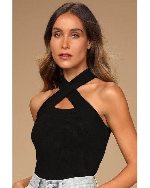 Lulus Black Essential Energy Ribbed Sleeveless Cutout Cross-Front Top