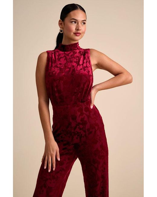 Lulus Red Micola Velvet Jacquard Mock Neck Jumpsuit