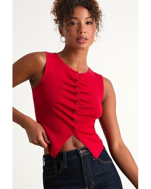 Lulus Red Orlane Button-Front Sweater Tank Top