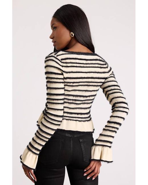 Lulus Black Steffy Cream And Fuzzy Striped Ruffled Sweater Top