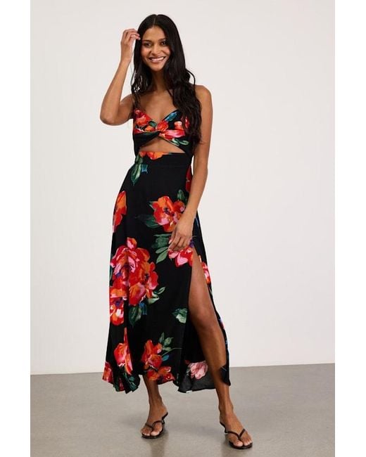Lulus Red Tropical Blooms Floral Print Tie-Back Cutout Dress