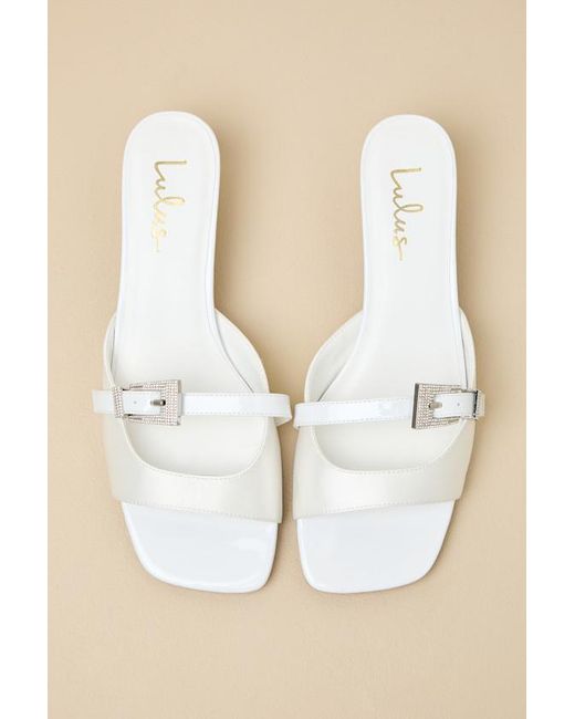 Lulus Natural Lilu Satin Rhinestone Buckle Kitten Heel Sandals