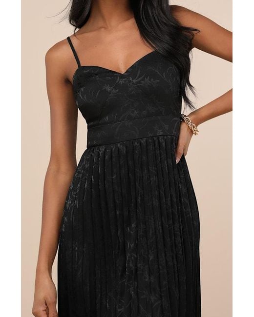 Lulus Black Regal Romance Floral Jacquard Pleated Satin Midi Dress