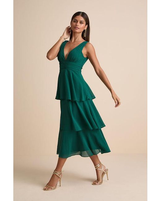 Lulus Green Celebration Time Sleeveless Tiered Midi Dress