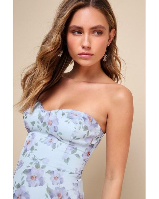 Lulus Blue Chic Preciousness Floral Organza Bustier Maxi Dress