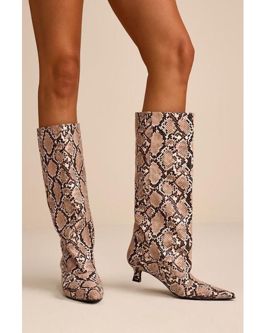 Lulus Natural Alexandria Snake Knee-High Kitten Heel Boots