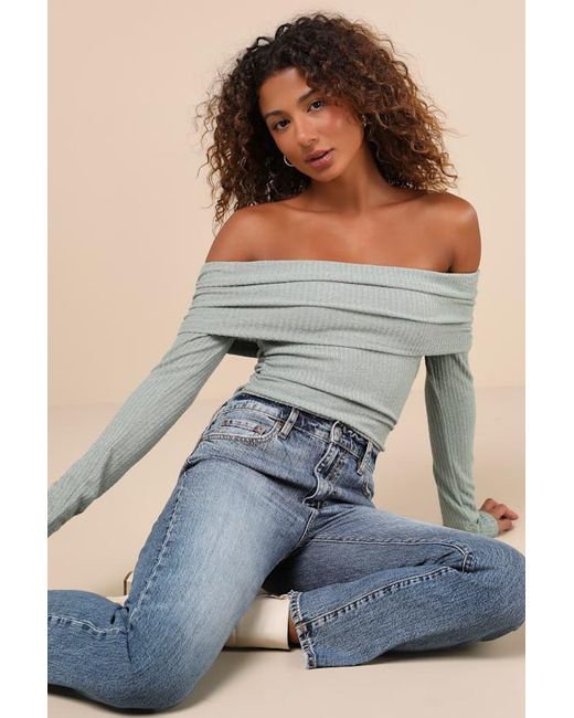 Lulus Blue Coveted Favorite Sage Textured Off-The-Shoulder Top