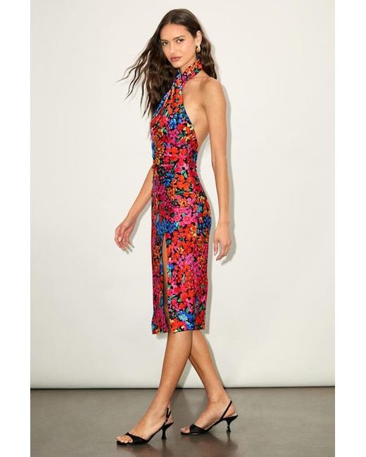 Lulus Red Bold Presence And Multi Floral Satin Halter Midi Dress