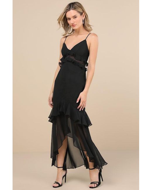 Rare London Black Pavani Sheer Chiffon Ruffled High-Low Midi Dress