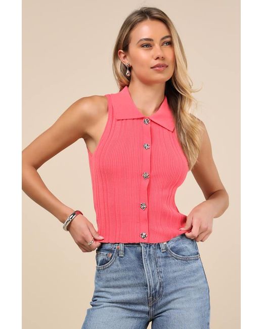 Lulus Pink Jena Ribbed Knit Button-Front Tank Top