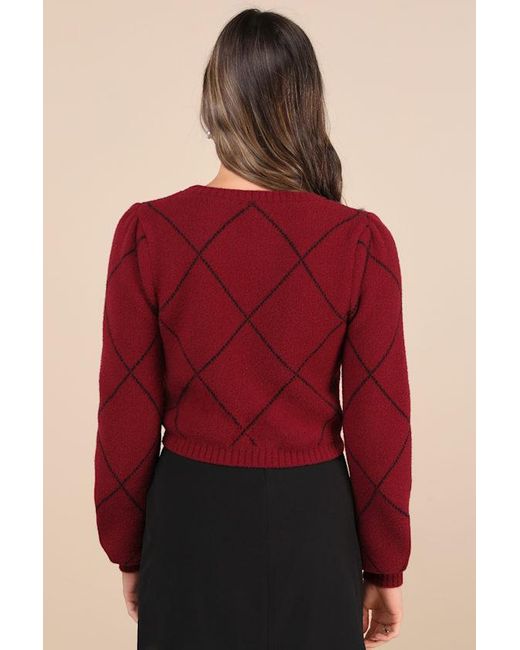 Lulus Red Holiday Darling Argyle Balloon Sleeve Bow Sweater