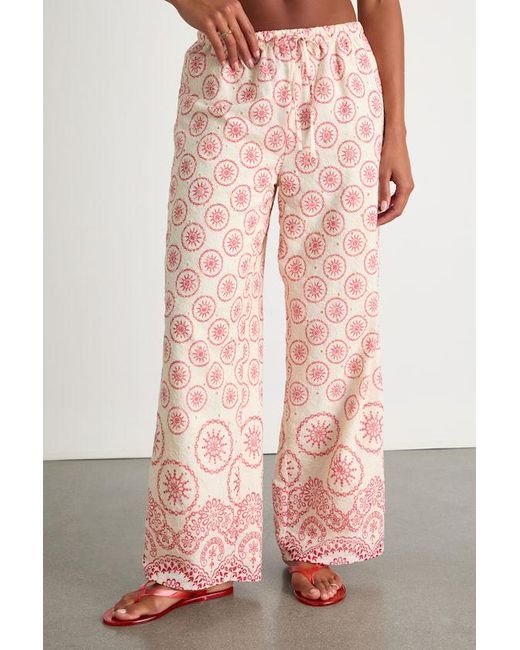 Lulus Natural Brielle Boho Print Eyelet Embroidered Drawstring Pants