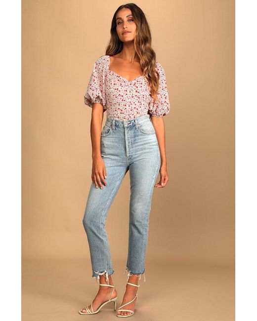 Lulus Blue Beautiful Hues Floral Print Puff Sleeve Ruched Bodysuit
