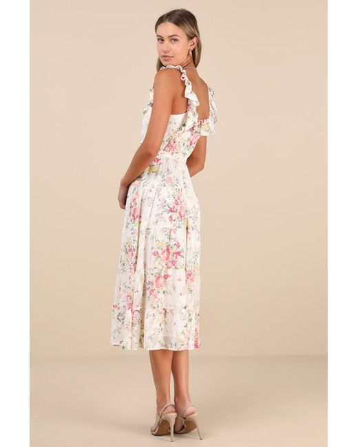 Lulus Natural Shela Floral Jacquard Tiered Midi Dress